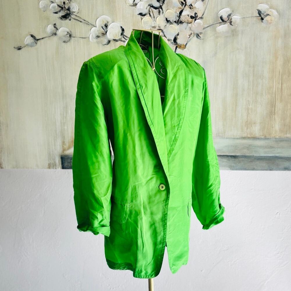 Pat Argenti 100% Silk Blazer Size 10 Bright Green Oversized Jacket 80s 90s